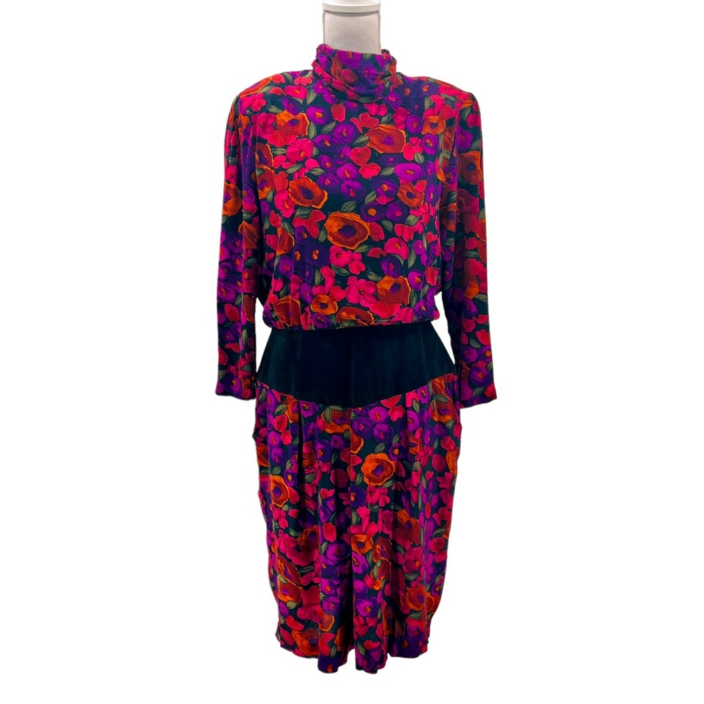 Vtg Lady Raoul Jewel Toned Blouson Dress Suede Accents 16 Purple